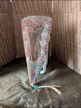 Handcrafted Tribal Relief Ceramic Wall Pocket in Copper Turquoise